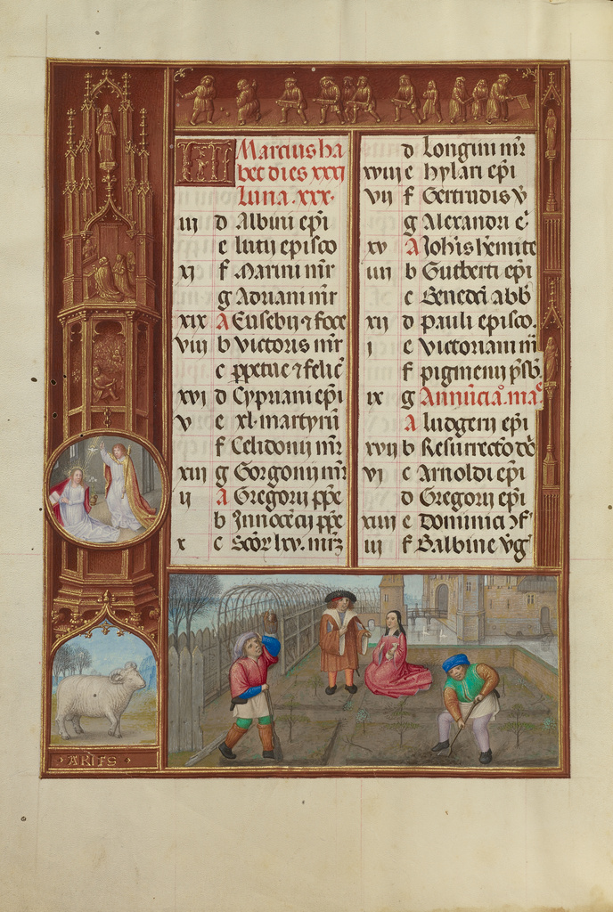 Gardening; Zodiacal Sign of Aries; Workshop of the Master of James IV of Scotland (Flemish, before 1465 - about 1541); Bruges, Belgium; about 1510 - 1520; Tempera colors, gold, and ink on parchment; Leaf: 23.2 × 16.7 cm (9 1/8 × 6 9/16 in.); Ms. Ludwig IX 18, fol. 2v No description of this image is available.