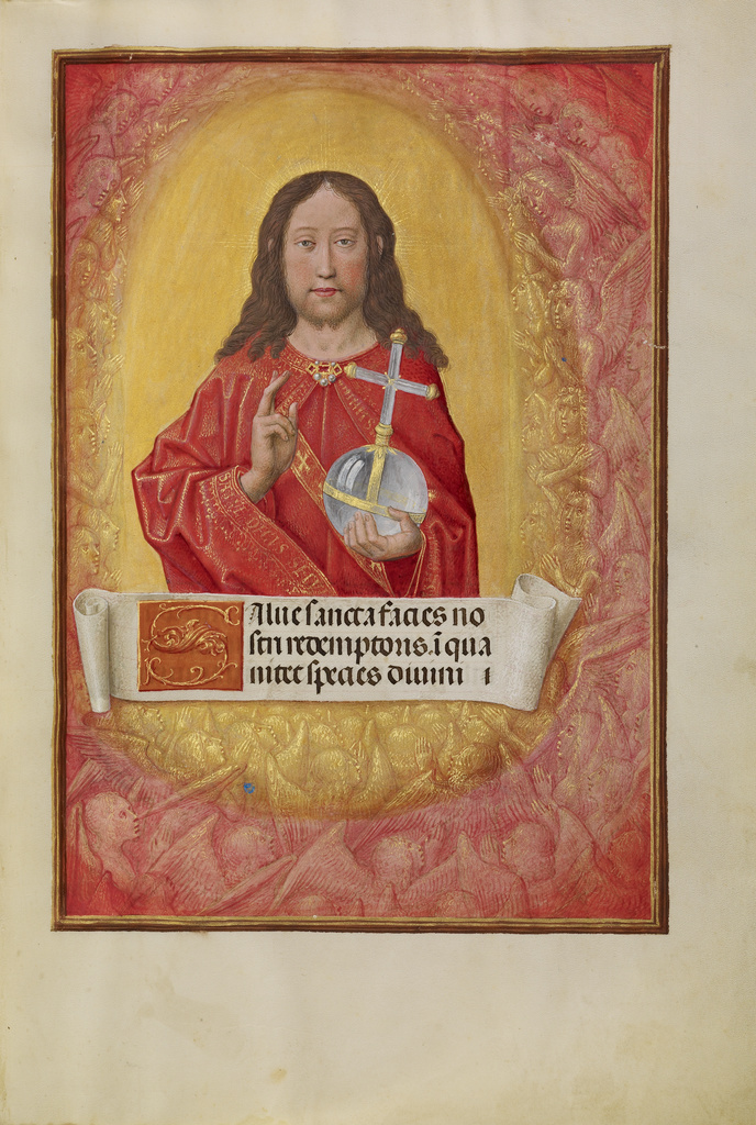 Christ in Majesty; Workshop of Master of the First Prayer Book of Maximilian (Flemish, active about 1475 - 1515); Bruges, Belgium; about 1510 - 1520; Tempera colors, gold, and ink on parchment; Leaf: 23.2 x 16.7 cm (9 1/8 x 6 9/16 in.); Ms. Ludwig IX 18, fol. 9 No description of this image is available.
