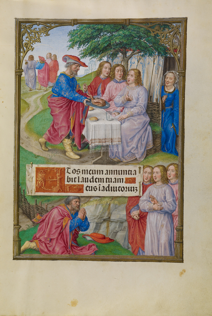 Abraham and the Three Angels; Master of James IV of Scotland (Flemish, before 1465 - about 1541); Bruges, Belgium, Europe; about 1510 - 1520; Tempera colors, gold, and ink on parchment; Leaf: 23.2 × 16.7 cm (9 1/8 × 6 9/16 in.); Ms. Ludwig IX 18, fol. 11 No description of this image is available.