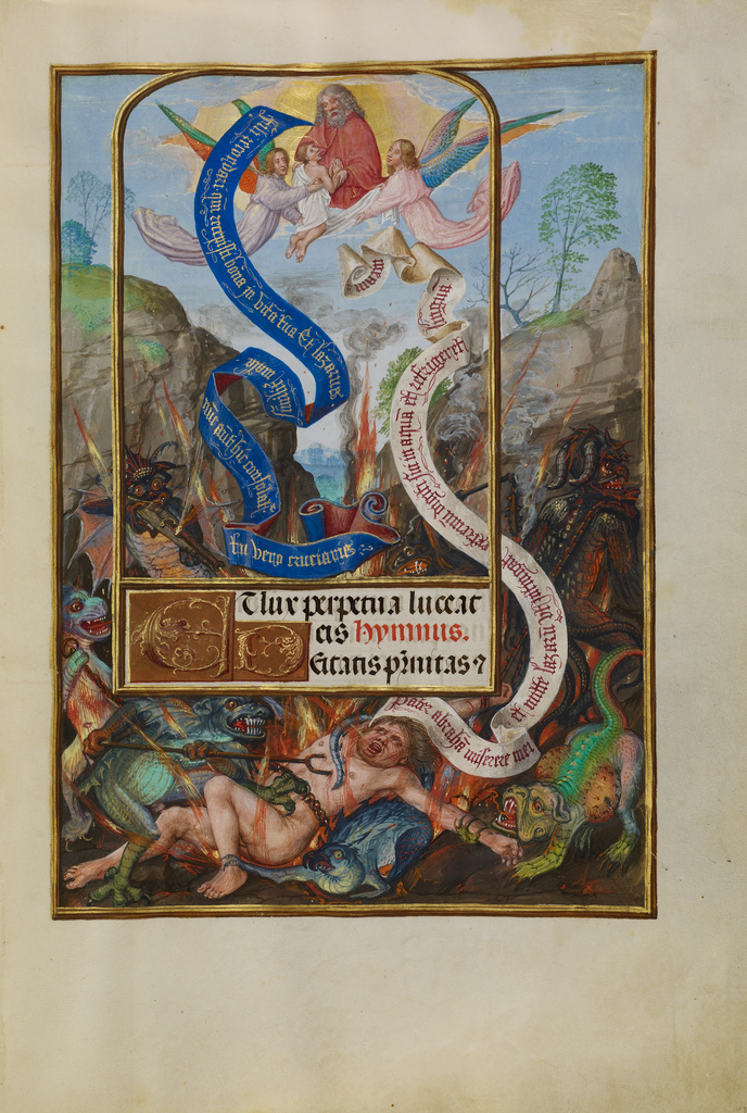Lazarus's Soul Carried to Abraham; Master of James IV of Scotland (Flemish, before 1465 - about 1541); Bruges, Belgium; about 1510 - 1520; Tempera colors, gold, and ink on parchment; Leaf: 23.2 x 16.7 cm (9 1/8 x 6 9/16 in.); Ms. Ludwig IX 18, fol. 22 No description of this image is available.
