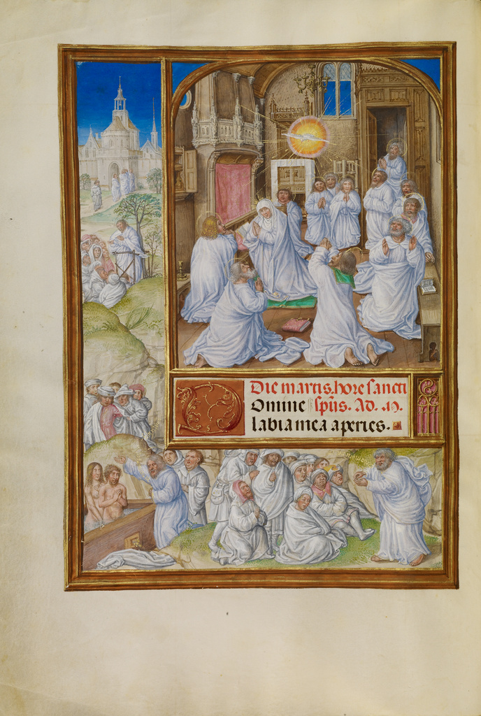 Pentecost; Master of James IV of Scotland (Flemish, before 1465 - about 1541); about 1510 - 1520; Tempera colors, gold, and ink on parchment; Leaf: 23.2 × 16.7 cm (9 1/8 × 6 9/16 in.); Ms. Ludwig IX 18 (83.ML.114), fol. 31v; Rights Statement: No Copyright - United States Pentecost; Master of James IV of Scotland (Flemish, before 1465 - about 1541); about 1510 - 1520; Tempera colors, gold, and ink on parchment; Leaf: 23.2 × 16.7 cm (9 1/8 × 6 9/16 in.); Ms. Ludwig IX 18 (83.ML.114), fol. 31v; Rights Statement: No Copyright - United States