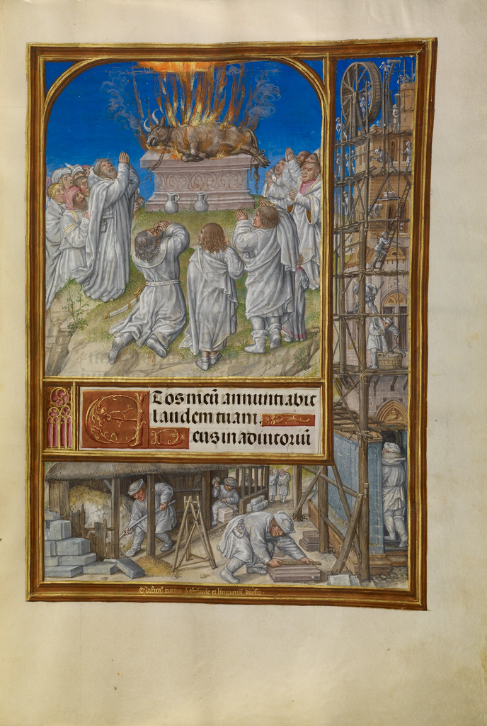 Elijah Begging for Fire from Heaven; Master of James IV of Scotland (Flemish, before 1465 - about 1541); Bruges Belgium Ghent Belgium; about 1510 - 1520; Tempera colors, gold, and ink on parchment; Leaf: 23.2 x 16.7 cm (9 1/8 x 6 9/16 in.); Ms. Ludwig IX 18, fol. 32 No description of this image is available.