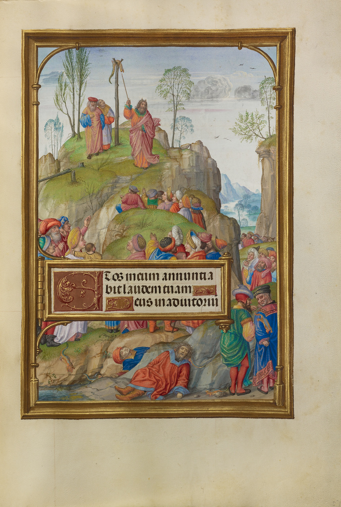 Moses and the Brazen Serpent; Master of James IV of Scotland (Flemish, before 1465 - about 1541); about 1510 - 1520; Tempera colors, gold, and ink on parchment; Leaf: 23.2 × 16.7 cm (9 1/8 × 6 9/16 in.); Ms. Ludwig IX 18 (83.ML.114), fol. 57; Rights Statement: No Copyright - United States Moses and the Brazen Serpent; Master of James IV of Scotland (Flemish, before 1465 - about 1541); about 1510 - 1520; Tempera colors, gold, and ink on parchment; Leaf: 23.2 × 16.7 cm (9 1/8 × 6 9/16 in.); Ms. Ludwig IX 18 (83.ML.114), fol. 57; Rights Statement: No Copyright - United States