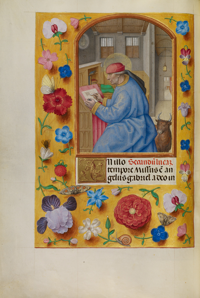 Saint Luke; Workshop of Master of the First Prayer Book of Maximilian (Flemish, active about 1475 - 1515); Bruges Belgium Ghent Belgium; about 1510 - 1520; Tempera colors, gold, and ink on parchment; Leaf: 23.2 x 16.7 cm (9 1/8 x 6 9/16 in.); Ms. Ludwig IX 18, fol. 85v No description of this image is available.