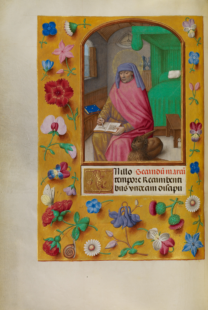 Saint Mark; Workshop of Master of the First Prayer Book of Maximilian (Flemish, active about 1475 - 1515); Bruges Belgium Ghent Belgium; about 1510 - 1520; Tempera colors, gold, and ink on parchment; Leaf: 23.2 x 16.7 cm (9 1/8 x 6 9/16 in.); Ms. Ludwig IX 18, fol. 89v No description of this image is available.