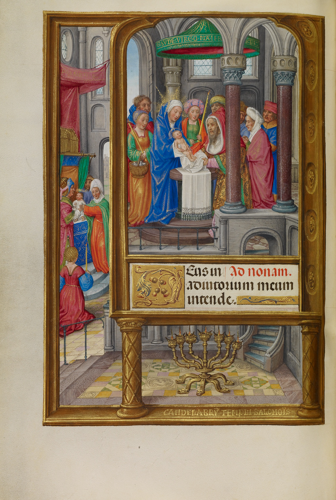 The Presentation in the Temple; Master of James IV of Scotland (Flemish, before 1465 - about 1541); about 1510 - 1520; Tempera colors, gold, and ink on parchment; Leaf: 23.2 × 16.7 cm (9 1/8 × 6 9/16 in.); Ms. Ludwig IX 18 (83.ML.114), fol. 135v; Rights Statement: No Copyright - United States The Presentation in the Temple; Master of James IV of Scotland (Flemish, before 1465 - about 1541); about 1510 - 1520; Tempera colors, gold, and ink on parchment; Leaf: 23.2 × 16.7 cm (9 1/8 × 6 9/16 in.); Ms. Ludwig IX 18 (83.ML.114), fol. 135v; Rights Statement: No Copyright - United States