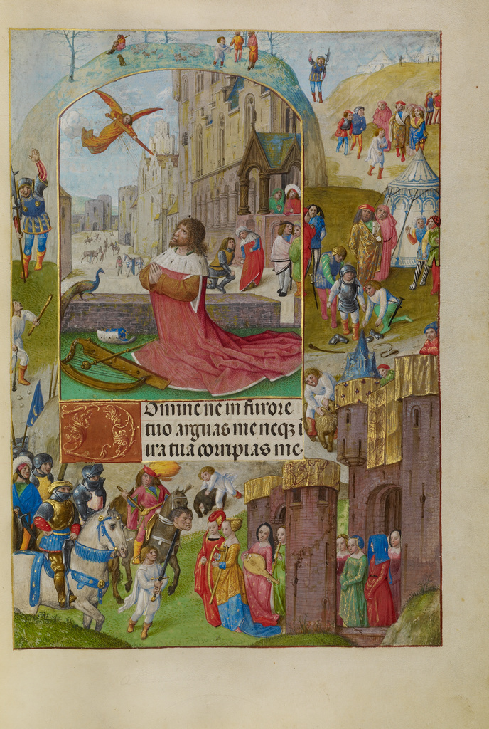 David in Prayer; Master of the Lübeck Bible (Flemish, about 1485-about 1520); Bruges Belgium Ghent Belgium; about 1510 - 1520; Tempera colors, gold, and ink on parchment; Leaf: 23.2 x 16.7 cm (9 1/8 x 6 9/16 in.); Ms. Ludwig IX 18, fol. 166 No description of this image is available.