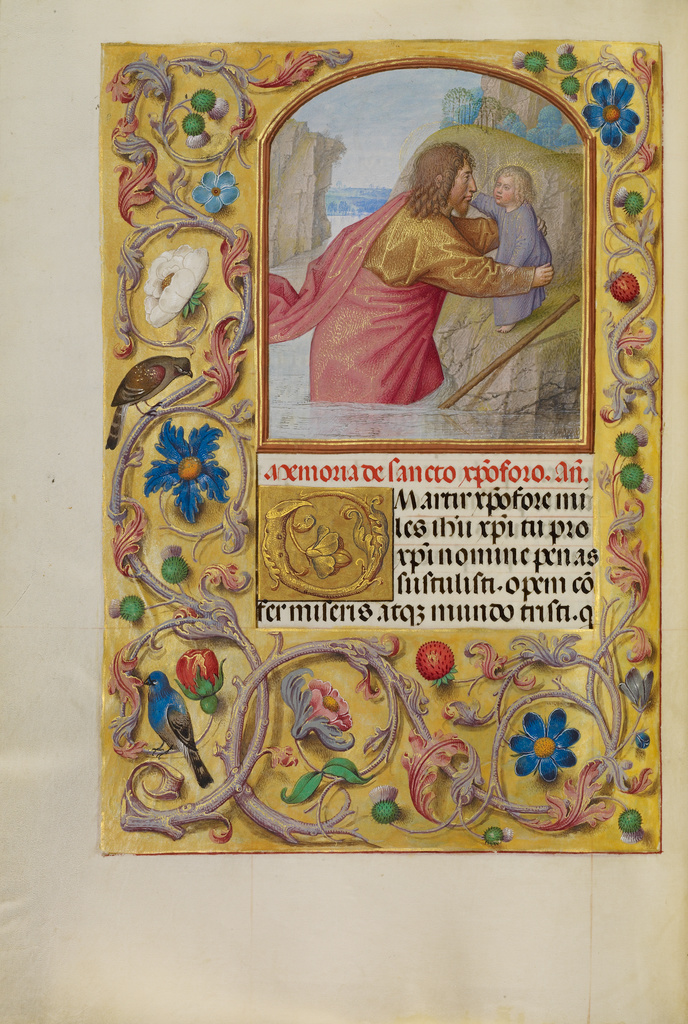 Saint Christopher Carrying the Christ Child; Workshop of Master of the First Prayer Book of Maximilian (Flemish, active about 1475 - 1515); Bruges, Belgium; about 1510 - 1520; Tempera colors, gold, and ink on parchment; Leaf: 23.2 x 16.7 cm (9 1/8 x 6 9/16 in.); Ms. Ludwig IX 18, fol. 255v No description of this image is available.