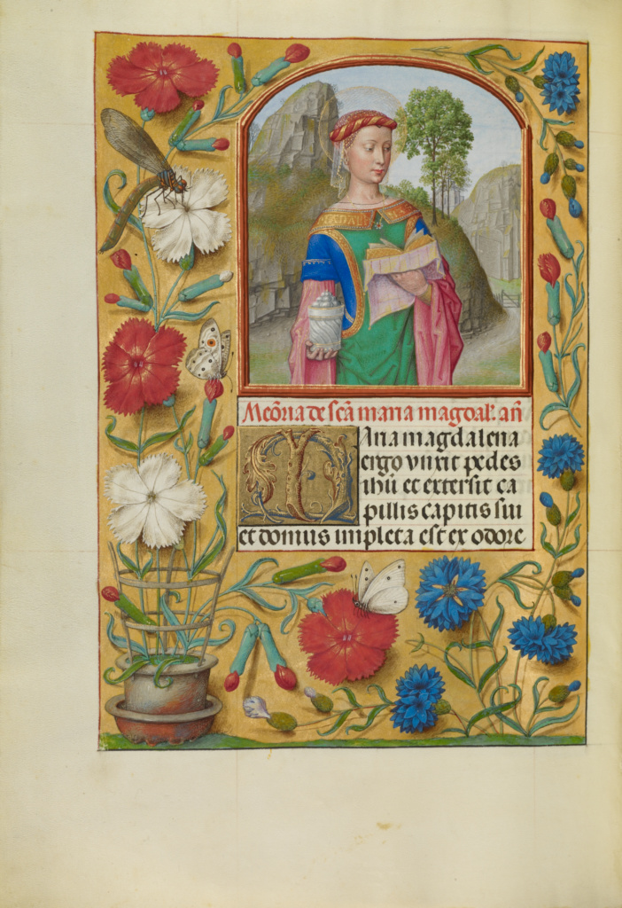 Mary Magdalene with a Book and an Ointment Jar; Workshop of Master of the First Prayer Book of Maximilian (Flemish, active about 1475 - 1515); Bruges, Belgium; 1510 to 1520; Tempera colors, gold, and ink on parchment; Leaf: 23.2 × 16.7 cm (9 1/8 × 6 9/16 in.); Ms. Ludwig IX 18, fol. 264v No description of this image is available.