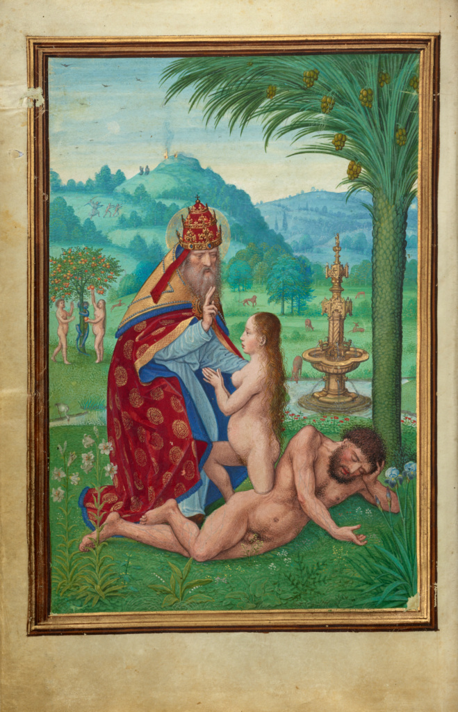 Scenes from the Creation; Simon Bening (Flemish, about 1483 - 1561); Bruges, Belgium; about 1525 - 1530; Tempera colors, gold paint, and gold leaf on parchment; Leaf: 16.8 x 11.4 cm (6 5/8 x 4 1/2 in.); Ms. Ludwig IX 19, fol. 7v No description of this image is available.