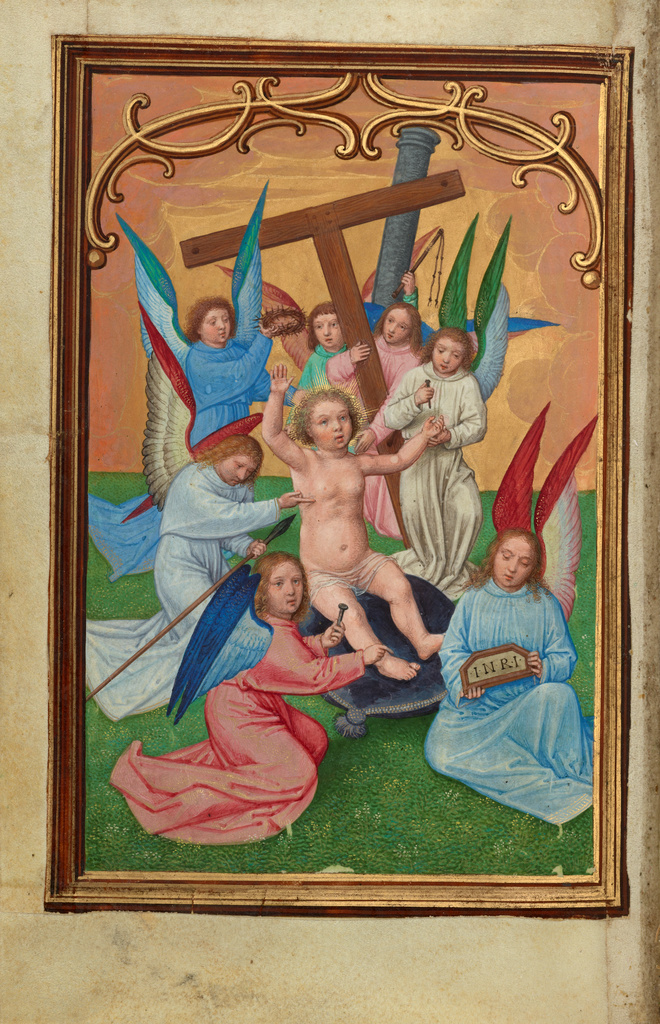 The Christ Child Surrounded by the Instruments of the Passion; Simon Bening (Flemish, about 1483 - 1561); Bruges, Belgium, Europe; about 1525 - 1530; Tempera colors, gold paint, and gold leaf on parchment; Leaf: 16.8 × 11.4 cm (6 5/8 × 4 1/2 in.); Ms. Ludwig IX 19, fol. 31v No description of this image is available.