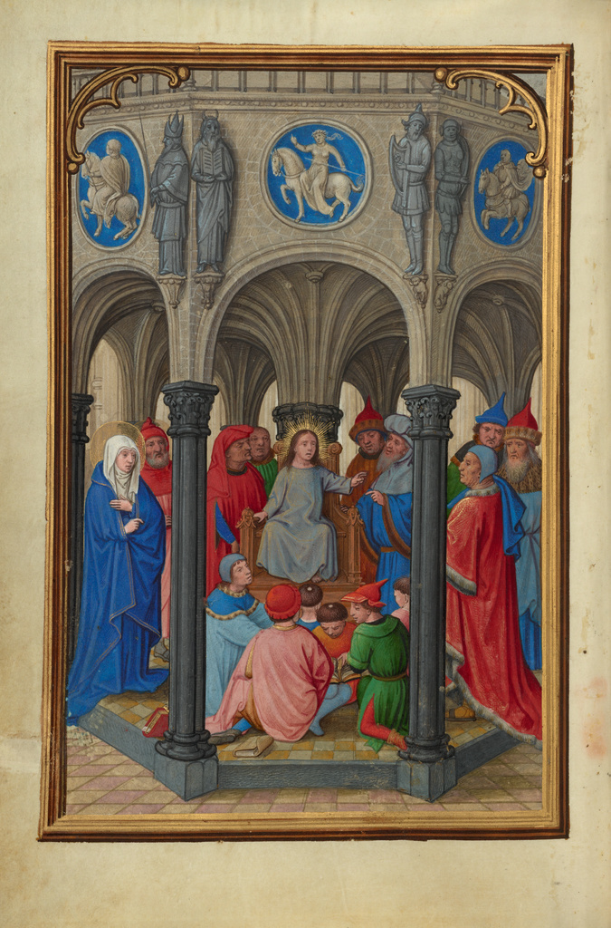 Jesus Among the Doctors; Simon Bening (Flemish, about 1483 - 1561); Bruges, Belgium; about 1525 - 1530; Tempera colors, gold paint, and gold leaf on parchment; Leaf: 16.8 x 11.4 cm (6 5/8 x 4 1/2 in.); Ms. Ludwig IX 19, fol. 53v No description of this image is available.