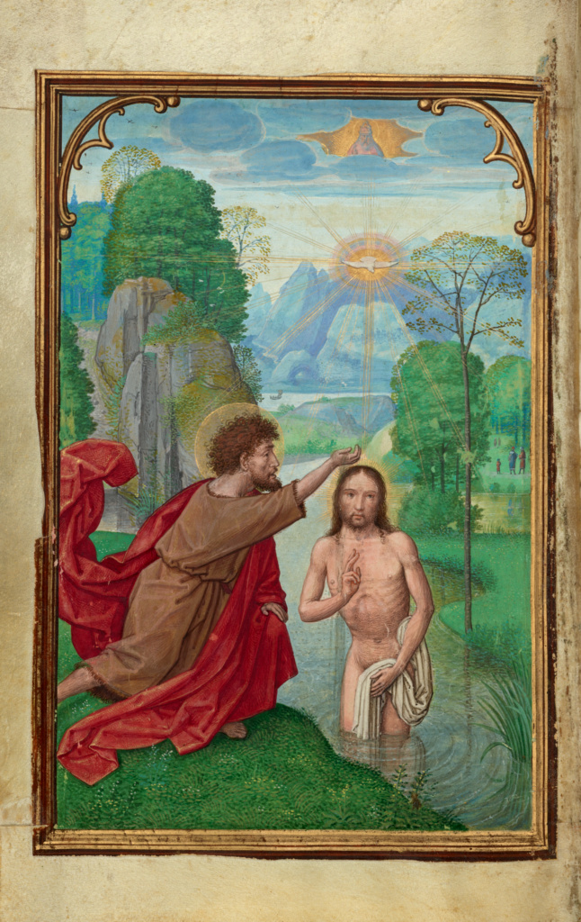 The Baptism of Christ; Simon Bening (Flemish, about 1483 - 1561); Bruges, Belgium; about 1525 - 1530; Tempera colors, gold paint, and gold leaf on parchment; Leaf: 16.8 x 11.4 cm (6 5/8 x 4 1/2 in.); Ms. Ludwig IX 19, fol. 58v No description of this image is available.