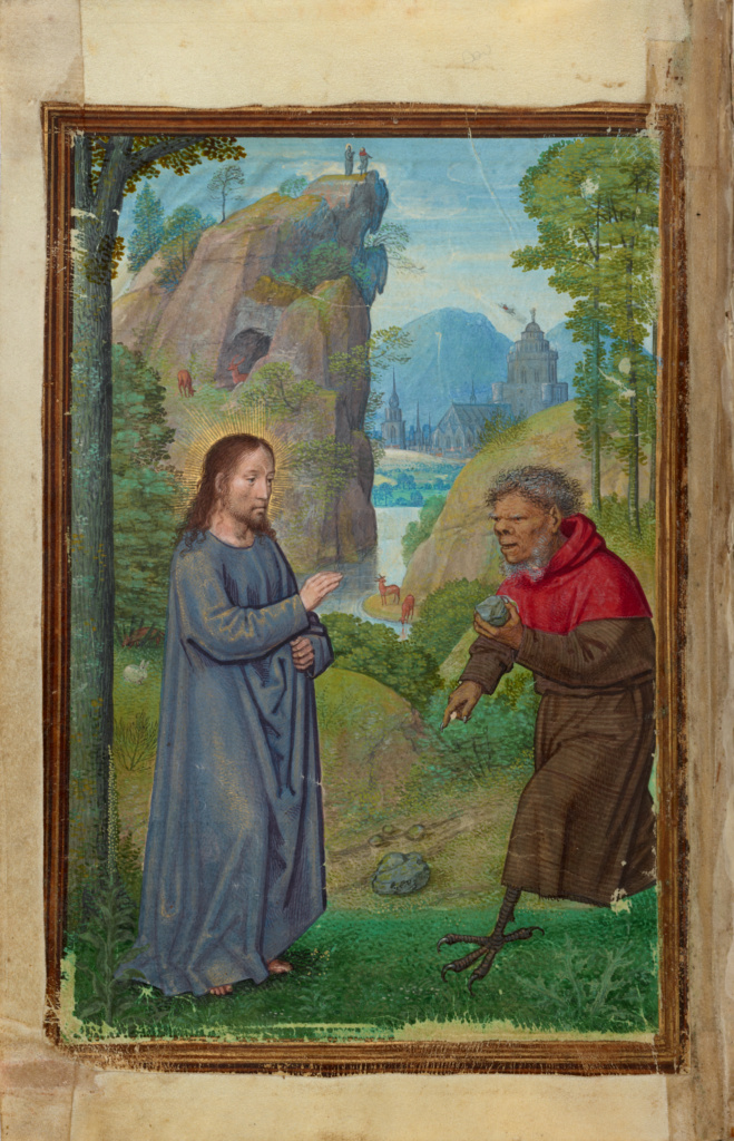 The Temptation of Christ; Simon Bening (Flemish, about 1483 - 1561); Bruges, Belgium; about 1525 - 1530; Tempera colors, gold paint, and gold leaf on parchment; Leaf: 16.8 x 11.4 cm (6 5/8 x 4 1/2 in.); Ms. Ludwig IX 19, fol. 62v No description of this image is available.