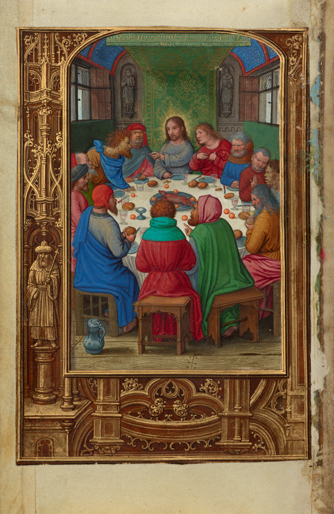 The Last Supper; Simon Bening (Flemish, about 1483 - 1561); about 1525 - 1530; Tempera colors, gold paint, and gold leaf on parchment; Leaf: 16.8 × 11.4 cm (6 5/8 × 4 1/2 in.); Ms. Ludwig IX 19 (83.ML.115), fol. 83v; Rights Statement: No Copyright - United States The Last Supper; Simon Bening (Flemish, about 1483 - 1561); about 1525 - 1530; Tempera colors, gold paint, and gold leaf on parchment; Leaf: 16.8 × 11.4 cm (6 5/8 × 4 1/2 in.); Ms. Ludwig IX 19 (83.ML.115), fol. 83v; Rights Statement: No Copyright - United States