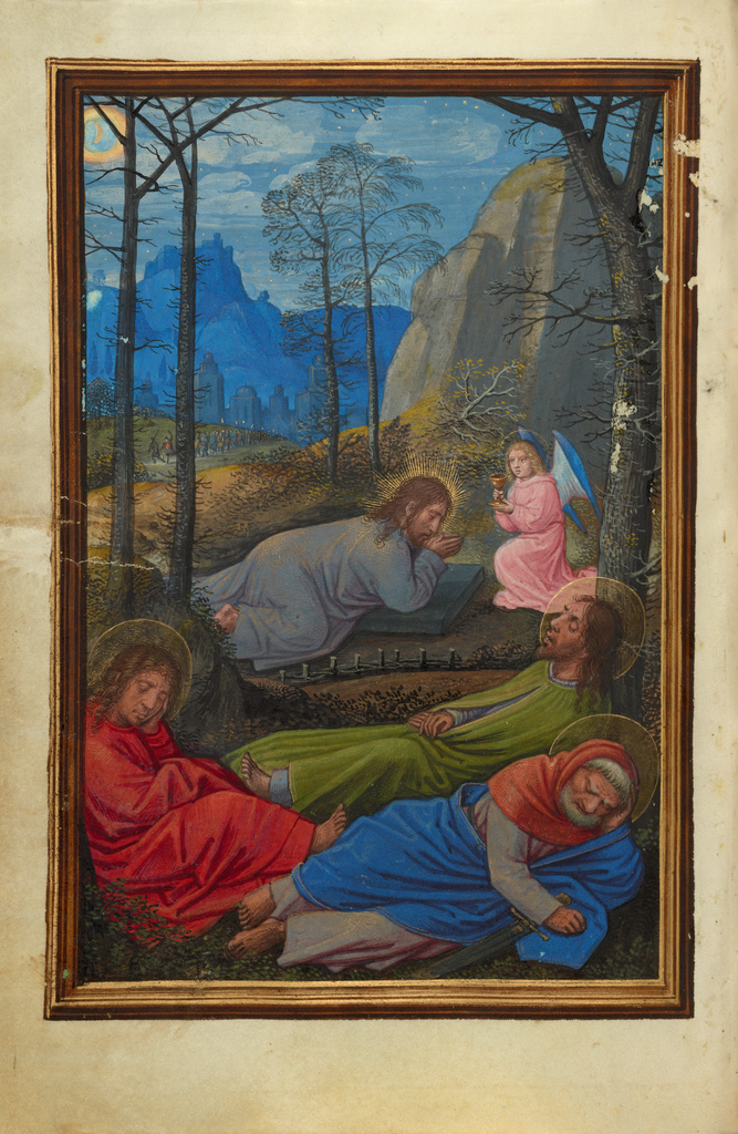 The Agony in the Garden; Simon Bening (Flemish, about 1483 - 1561); Bruges, Belgium; about 1525 - 1530; Tempera colors, gold paint, and gold leaf on parchment; Leaf: 16.8 x 11.4 cm (6 5/8 x 4 1/2 in.); Ms. Ludwig IX 19, fol. 98v No description of this image is available.