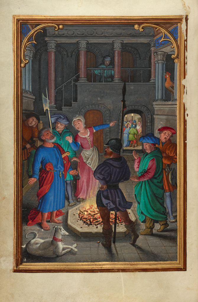 The Denial of Saint Peter; Simon Bening (Flemish, about 1483 - 1561); about 1525 - 1530; Tempera colors, gold paint, and gold leaf on parchment; Leaf: 16.8 × 11.4 cm (6 5/8 × 4 1/2 in.); Ms. Ludwig IX 19 (83.ML.115), fol. 123v; Rights Statement: No Copyright - United States The Denial of Saint Peter; Simon Bening (Flemish, about 1483 - 1561); about 1525 - 1530; Tempera colors, gold paint, and gold leaf on parchment; Leaf: 16.8 × 11.4 cm (6 5/8 × 4 1/2 in.); Ms. Ludwig IX 19 (83.ML.115), fol. 123v; Rights Statement: No Copyright - United States