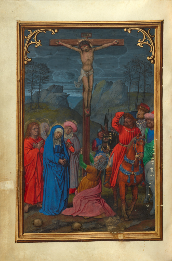 The Crucifixion; Simon Bening (Flemish, about 1483 - 1561); Bruges, Belgium; about 1525 - 1530; Tempera colors, gold paint, and gold leaf on parchment; Leaf: 16.8 x 11.4 cm (6 5/8 x 4 1/2 in.); Ms. Ludwig IX 19, fol. 190v No description of this image is available.