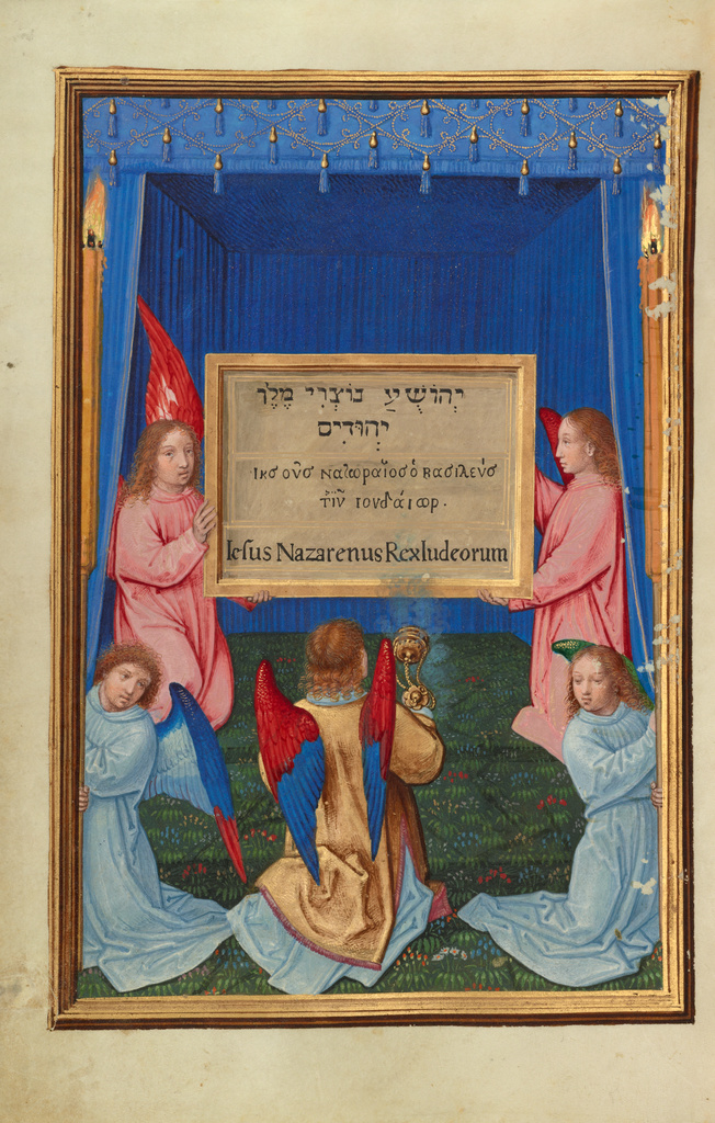 The Worship of the Inscribed Tablet from the Cross; Simon Bening (Flemish, about 1483 - 1561); Bruges, Belgium, Europe; about 1525 - 1530; Tempera colors, gold paint, and gold leaf on parchment; Leaf: 16.8 × 11.4 cm (6 5/8 × 4 1/2 in.); Ms. Ludwig IX 19, fol. 235v No description of this image is available.