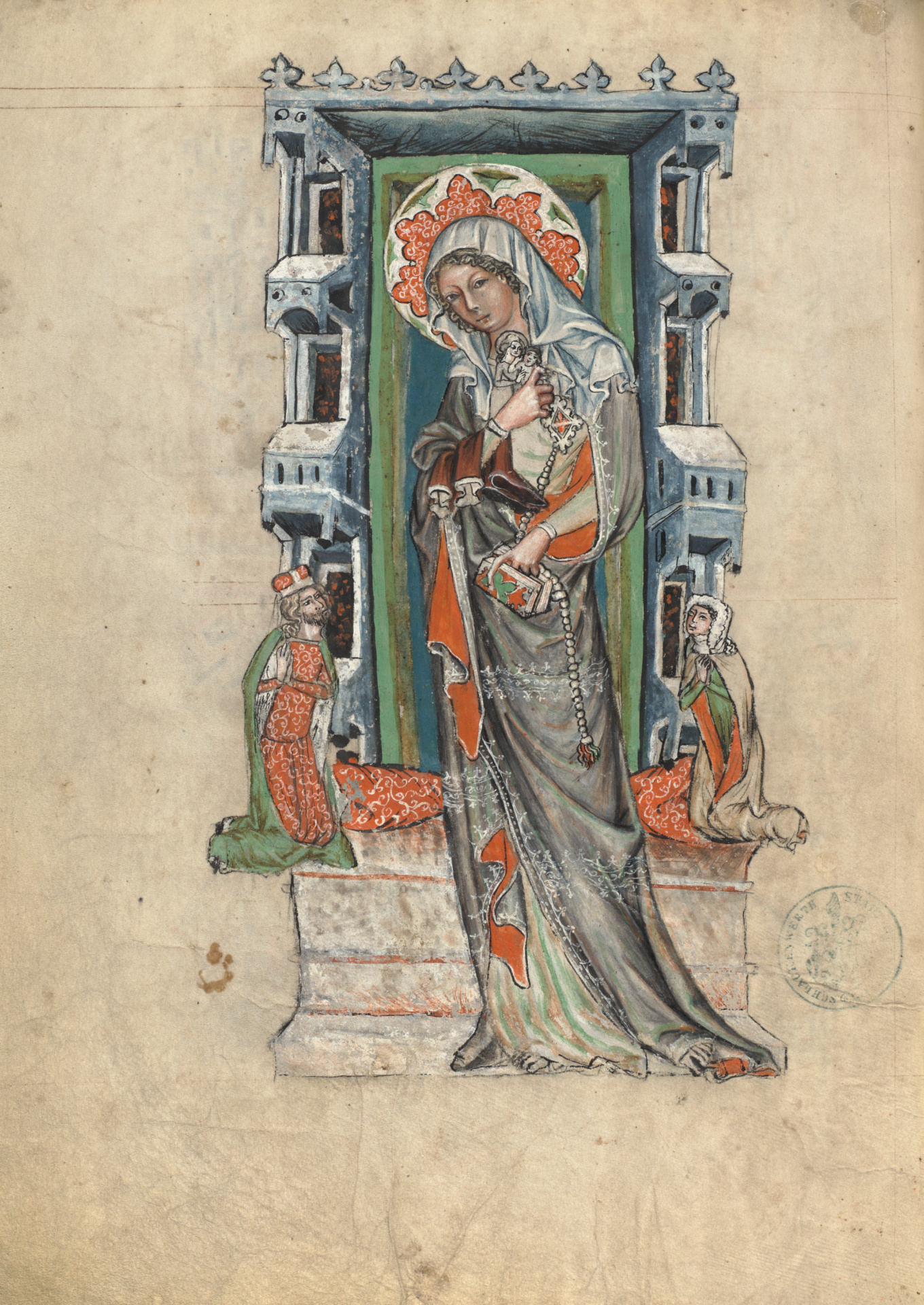 Vita beatae Hedwigis; Court workshop of Duke Ludwig I of Liegnitz and Brieg (Polish, 1364 - 1398), and Nicolaus of Prussia; Silesia, Poland; 1353; Tempera colors, colored washes, and ink on parchment bound between wood boards covered with red-stained pigskin; Leaf: 34.1 x 24.8 cm (13 7/16 x 9 3/4 in.); Ms. Ludwig XI 7 No description of this image is available.