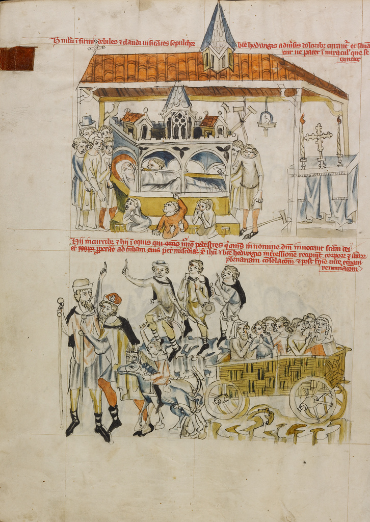 The Sick, the Leprous, and the Lame Praying at Saint Hedwig's Tomb; People Coming to Visit Saint Hedwig's Tomb; Unknown maker; Silesia, Poland; 1353; Tempera colors, colored washes, and ink on parchment; Leaf: 34.1 x 24.8 cm (13 7/16 x 9 3/4 in.); Ms. Ludwig XI 7, fol. 87v No description of this image is available.