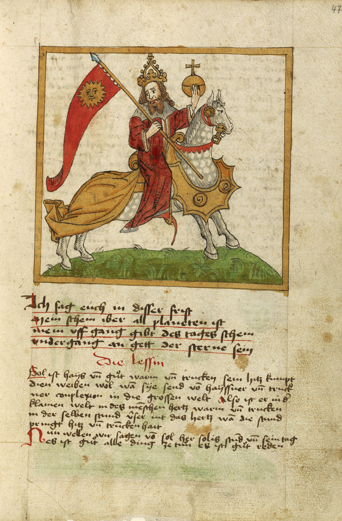 The Sun Represented as an Emperor on Horseback; Unknown; shortly after 1464; Watercolor and ink on paper bound between original wood boards covered with original pigskin; Leaf: 30.6 × 22.1 cm (12 1/16 × 8 11/16 in.); Ms. Ludwig XII 8 (83.MO.137), fol. 47; Rights Statement: No Copyright - United States The Sun Represented as an Emperor on Horseback; Unknown; shortly after 1464; Watercolor and ink on paper bound between original wood boards covered with original pigskin; Leaf: 30.6 × 22.1 cm (12 1/16 × 8 11/16 in.); Ms. Ludwig XII 8 (83.MO.137), fol. 47; Rights Statement: No Copyright - United States