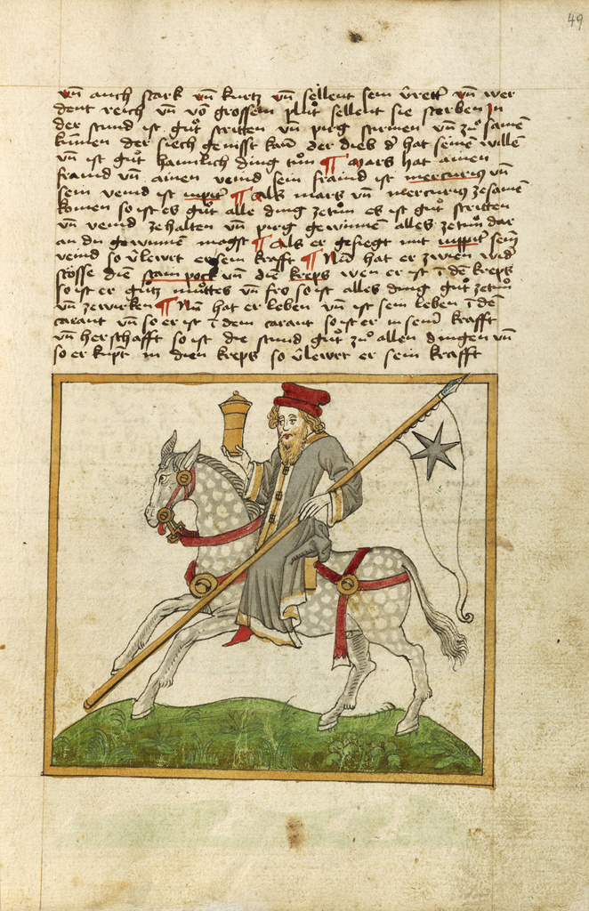 The Planet Mercury as a Doctor on Horseback; Unknown; shortly after 1464; Watercolor and ink on paper bound between original wood boards covered with original pigskin; Leaf: 30.6 × 22.1 cm (12 1/16 × 8 11/16 in.); Ms. Ludwig XII 8 (83.MO.137), fol. 49; Rights Statement: No Copyright - United States The Planet Mercury as a Doctor on Horseback; Unknown; shortly after 1464; Watercolor and ink on paper bound between original wood boards covered with original pigskin; Leaf: 30.6 × 22.1 cm (12 1/16 × 8 11/16 in.); Ms. Ludwig XII 8 (83.MO.137), fol. 49; Rights Statement: No Copyright - United States