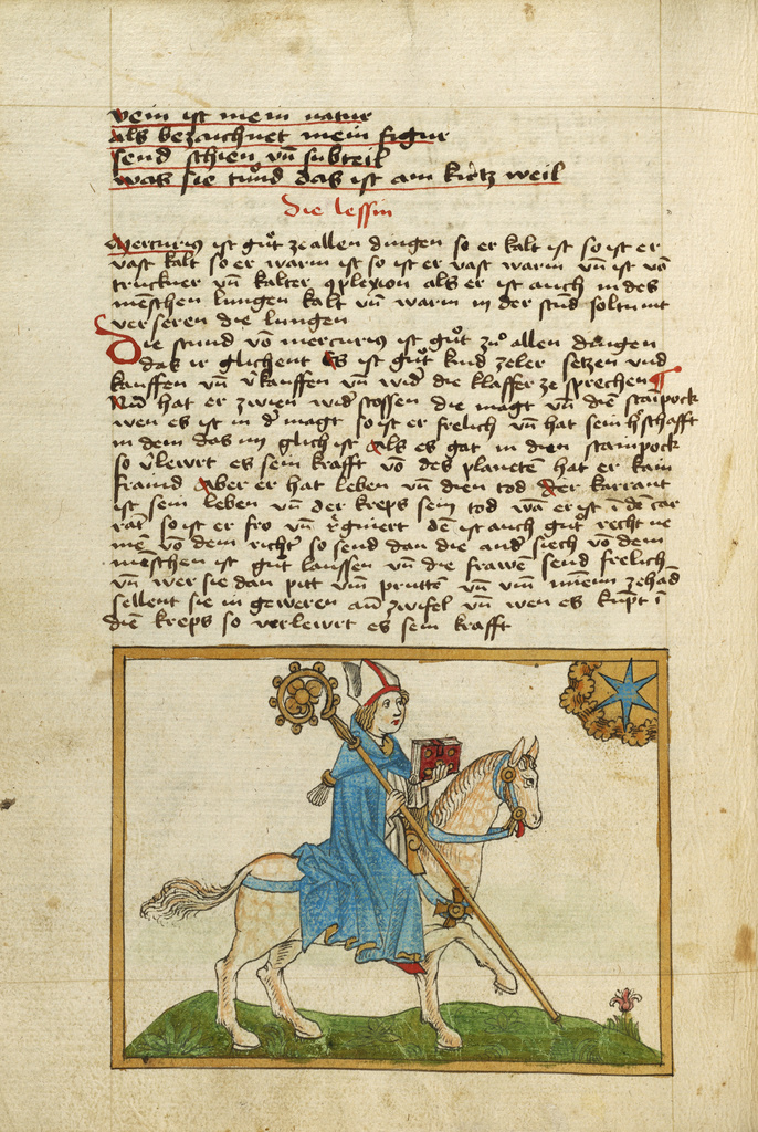 The Planet Jupiter Represented as a Bishop on Horseback; Unknown; shortly after 1464; Watercolor and ink on paper bound between original wood boards covered with original pigskin; Leaf: 30.6 × 22.1 cm (12 1/16 × 8 11/16 in.); Ms. Ludwig XII 8 (83.MO.137), fol. 49v; Rights Statement: No Copyright - United States The Planet Jupiter Represented as a Bishop on Horseback; Unknown; shortly after 1464; Watercolor and ink on paper bound between original wood boards covered with original pigskin; Leaf: 30.6 × 22.1 cm (12 1/16 × 8 11/16 in.); Ms. Ludwig XII 8 (83.MO.137), fol. 49v; Rights Statement: No Copyright - United States