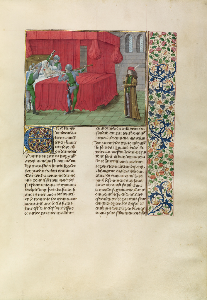 The King of Cyprus Killed by his Brothers' Persecutors; Master of the Getty Froissart (Flemish, active about 1475 - 1485); Bruges, Belgium; about 1480 - 1483; Tempera colors, gold leaf, gold paint, and ink on parchment; Leaf: 48 x 35 cm (18 7/8 x 13 3/4 in.); Ms. Ludwig XIII 7, fol. 80 No description of this image is available.