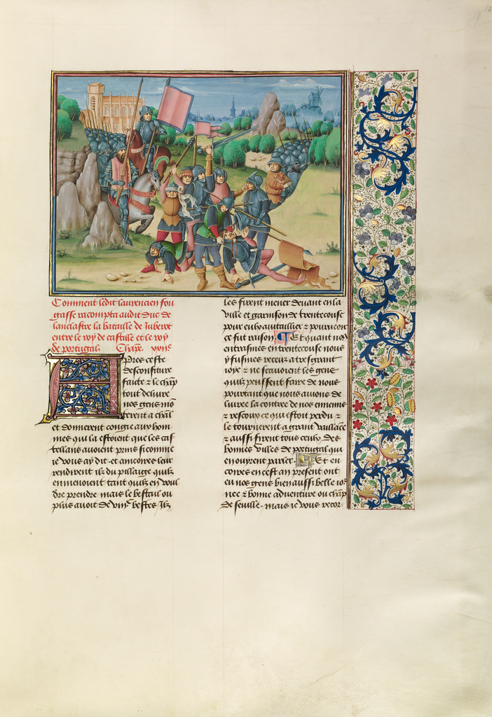 The Battle of Aljubarrota; Master of the Soane Josephus (Flemish, active about 1475 - 1485); Bruges, Belgium; about 1480 - 1483; Tempera colors, gold leaf, gold paint, and ink on parchment; Leaf: 48 x 35 cm (18 7/8 x 13 3/4 in.); Ms. Ludwig XIII 7, fol. 106 No description of this image is available.