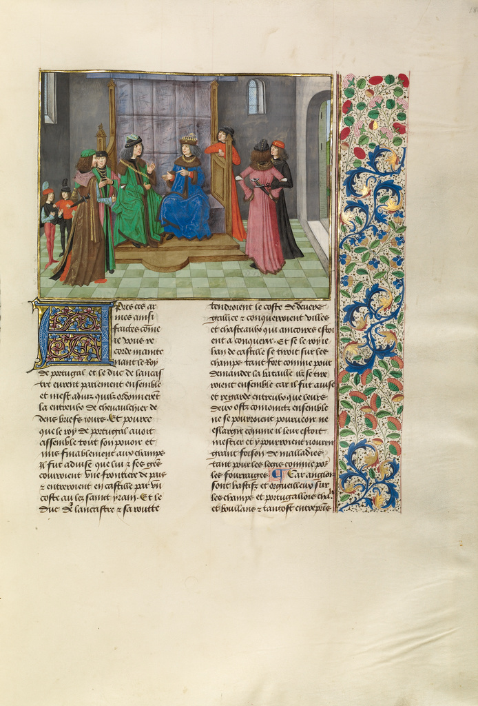 The King of Portugal and John of Gaunt Consulting; Master of the Getty Froissart (Flemish, active about 1475 - 1485); Bruges, Belgium; about 1480 - 1483; Tempera colors, gold leaf, gold paint, and ink on parchment; Leaf: 48 x 35 cm (18 7/8 x 13 3/4 in.); Ms. Ludwig XIII 7, fol. 188 No description of this image is available.