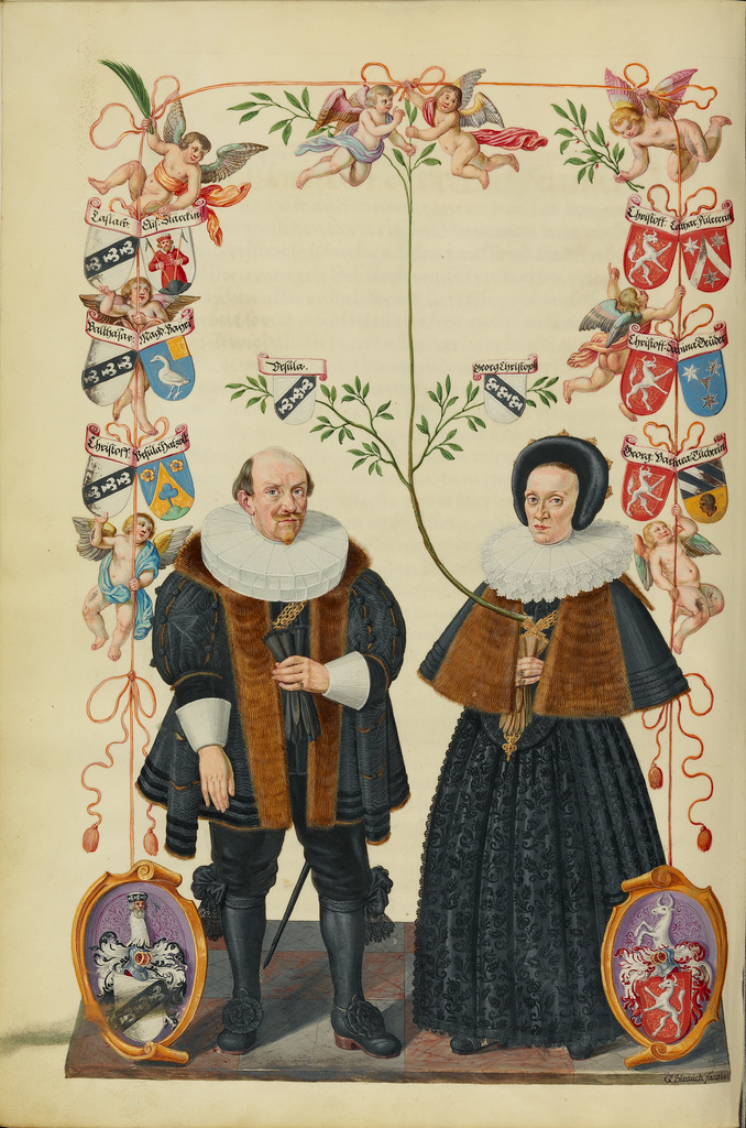 Genealogy of the Derrer Family; Unknown, Georg Strauch (German, 1613 - 1675); about 1626–1711; Tempera colors with gold and silver highlights on parchment bound between original wood boards covered with original dark brown velvet; Leaf: 37.6 × 26 cm (14 13/16 × 10 1/4 in.); Ms. Ludwig XIII 12 (83.MP.155); Rights Statement: No Copyright - United States Genealogy of the Derrer Family; Unknown, Georg Strauch (German, 1613 - 1675); about 1626–1711; Tempera colors with gold and silver highlights on parchment bound between original wood boards covered with original dark brown velvet; Leaf: 37.6 × 26 cm (14 13/16 × 10 1/4 in.); Ms. Ludwig XIII 12 (83.MP.155); Rights Statement: No Copyright - United States