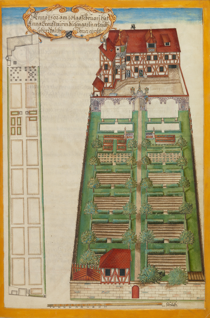 The Nuremberg Residence and Garden of Magdalene Pairin; Georg Strauch (German, 1613 - 1675); Nuremberg, Germany; about 1626 - 1711; Tempera colors with gold and silver highlights on parchment; Leaf: 37.6 x 26 cm (14 13/16 x 10 1/4 in.); Ms. Ludwig XIII 12, fol. 130bis No description of this image is available.