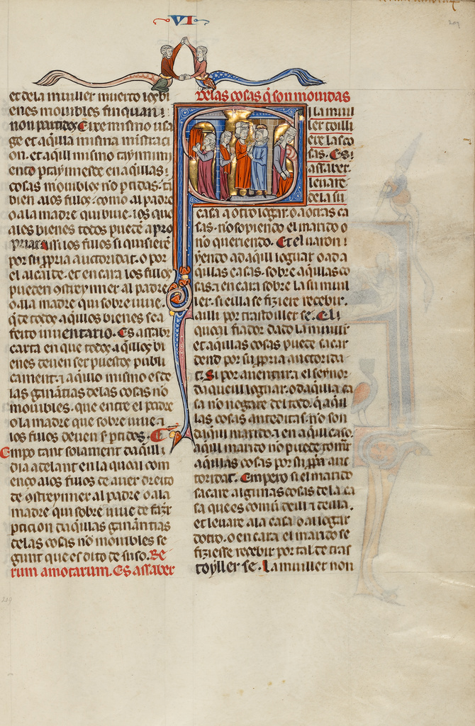 Initial S: A Woman Leaving Her Husband's House; Unknown, Michael Lupi de Çandiu (Spanish, active Pamplona, Spain 1297 - 1305); about 1290 - 1310; Tempera colors, gold leaf, and ink on parchment; Leaf: 36.5 × 24 cm (14 3/8 × 9 7/16 in.); Ms. Ludwig XIV 6 (83.MQ.165), fol. 207; Rights Statement: No Copyright - United States Initial S: A Woman Leaving Her Husband's House; Unknown, Michael Lupi de Çandiu (Spanish, active Pamplona, Spain 1297 - 1305); about 1290 - 1310; Tempera colors, gold leaf, and ink on parchment; Leaf: 36.5 × 24 cm (14 3/8 × 9 7/16 in.); Ms. Ludwig XIV 6 (83.MQ.165), fol. 207; Rights Statement: No Copyright - United States