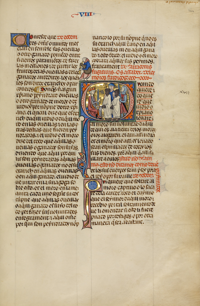 Initial Q: Two Soldiers Leading Two Moors before a King; Unknown, Michael Lupi de Çandiu (Spanish, active Pamplona, Spain 1297 - 1305); about 1290–1310; Tempera colors, gold leaf, and ink on parchment; Leaf: 36.5 × 24 cm (14 3/8 × 9 7/16 in.); Ms. Ludwig XIV 6 (83.MQ.165), fol. 244; Rights Statement: No Copyright - United States Initial Q: Two Soldiers Leading Two Moors before a King; Unknown, Michael Lupi de Çandiu (Spanish, active Pamplona, Spain 1297 - 1305); about 1290–1310; Tempera colors, gold leaf, and ink on parchment; Leaf: 36.5 × 24 cm (14 3/8 × 9 7/16 in.); Ms. Ludwig XIV 6 (83.MQ.165), fol. 244; Rights Statement: No Copyright - United States