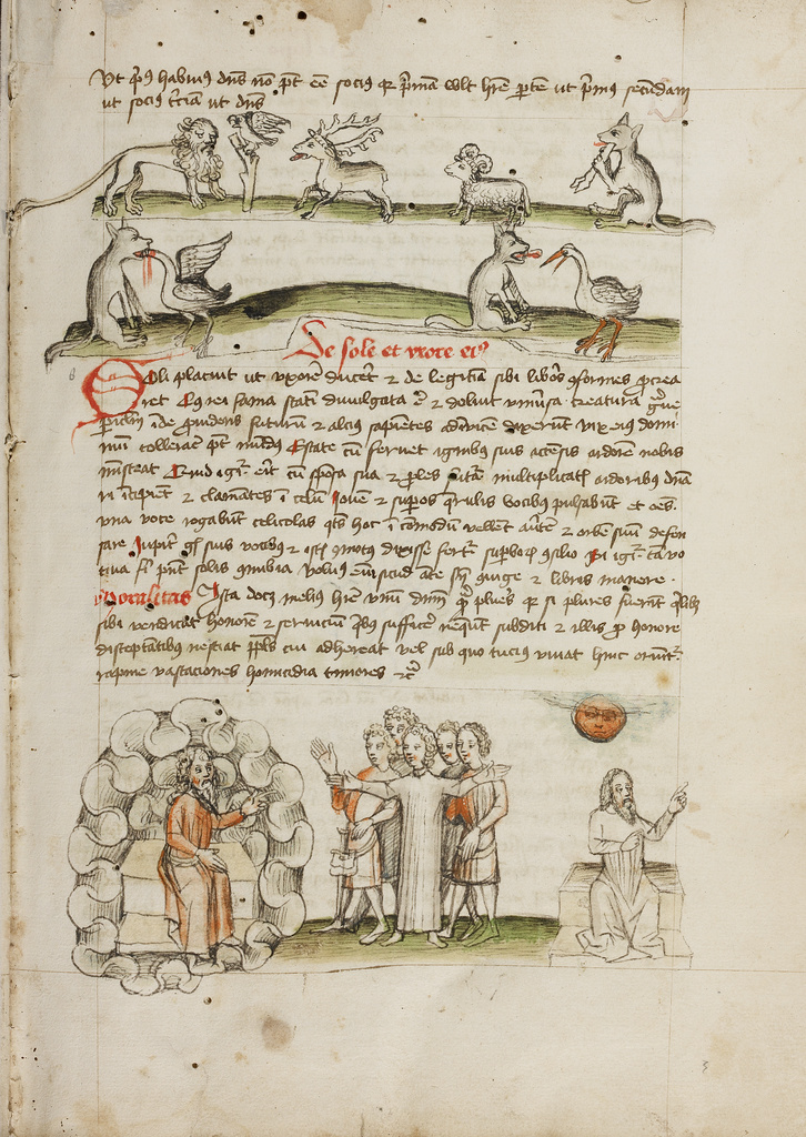 A Lion before a Bird in a Tree with a Stag, a Sheep, and a Wolf; A Wolf Eating a Bird; A Bearded Man Enthroned Speaking to a Group of People; Unknown; third quarter of 15th century; Pen and black ink and colored washes on paper; Leaf: 28.7 × 20.6 cm (11 5/16 × 8 1/8 in.); Ms. Ludwig XV 1 (83.MR.171), fol. 3; Rights Statement: No Copyright - United States A Lion before a Bird in a Tree with a Stag, a Sheep, and a Wolf; A Wolf Eating a Bird; A Bearded Man Enthroned Speaking to a Group of People; Unknown; third quarter of 15th century; Pen and black ink and colored washes on paper; Leaf: 28.7 × 20.6 cm (11 5/16 × 8 1/8 in.); Ms. Ludwig XV 1 (83.MR.171), fol. 3; Rights Statement: No Copyright - United States