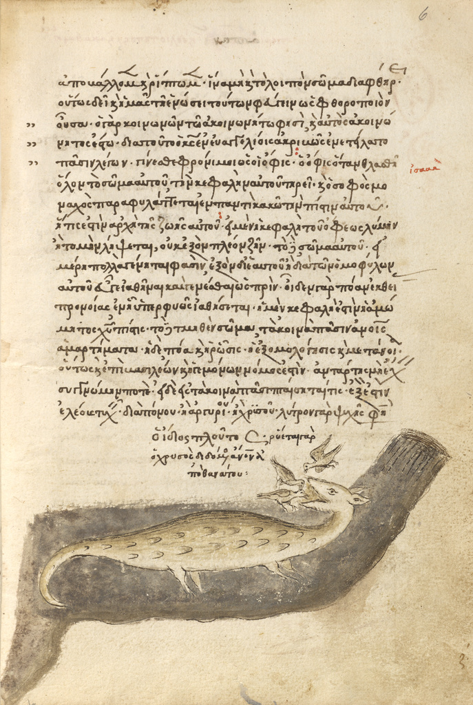 Three Birds Pecking at a Crocodile; Unknown; Crete, Greece; 1510 - 1520; Pen and red lead and iron gall inks, watercolors, tempera colors, and gold paint on paper bound between wood boards covered with probably original brown calf; Leaf: 21.7 x 15.6 cm (8 9/16 x 6 1/8 in.); Ms. Ludwig XV 2, fol. 6 No description of this image is available.