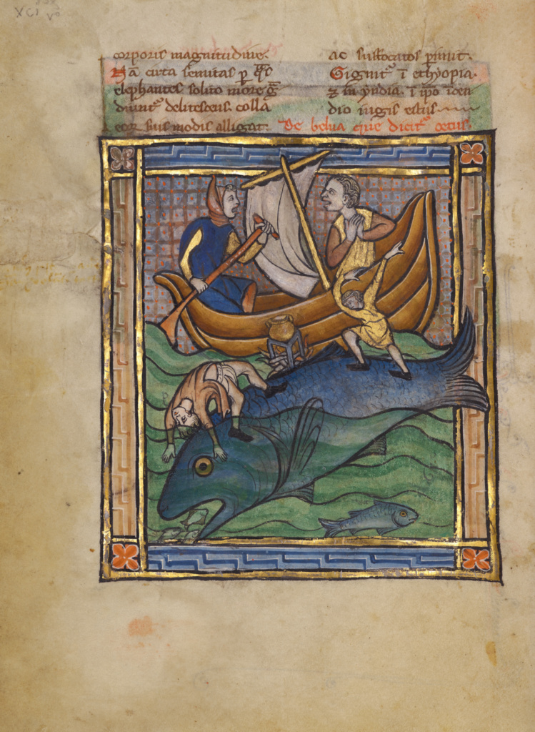 Two Fishermen on an Aspidochelone; Unknown; Thérouanne ?, France (formerly Flanders); about 1270; Tempera colors, gold leaf, and ink on parchment; Leaf: 19.1 x 14.3 cm (7 1/2 x 5 5/8 in.); Ms. Ludwig XV 3, fol. 89v No description of this image is available.