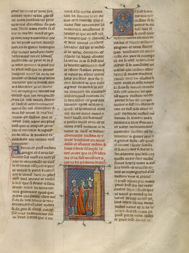 Iseult and King Mark Embracing; Unknown; about 1320 - 1340; Tempera colors, gold paint, and silver and gold leaf on parchment; Leaf: 39.4 × 29.8 cm (15 1/2 × 11 3/4 in.); Ms. Ludwig XV 5 (83.MR.175), fol. 85; Rights Statement: No Copyright - United States Iseult and King Mark Embracing; Unknown; about 1320 - 1340; Tempera colors, gold paint, and silver and gold leaf on parchment; Leaf: 39.4 × 29.8 cm (15 1/2 × 11 3/4 in.); Ms. Ludwig XV 5 (83.MR.175), fol. 85; Rights Statement: No Copyright - United States