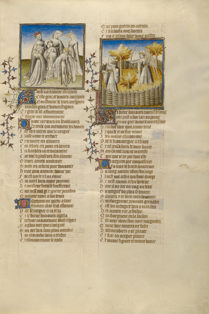 The Lover Surrounded by Dancers; The God of Love Aiming at the Lover; Unknown; Paris, France, Europe; about 1405; Tempera colors, gold leaf, and ink on parchment bound between pasteboard covered with dark red morocco; Leaf: 36.7 × 26 cm (14 7/16 × 10 1/4 in.); Ms. Ludwig XV 7, fol. 10 No description of this image is available.