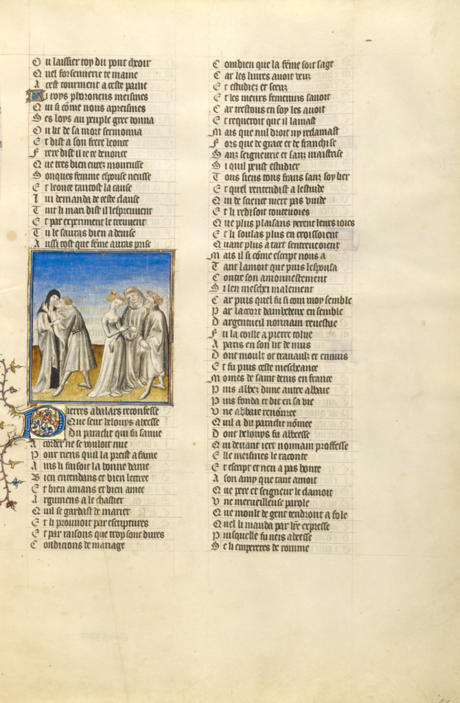 Abelard Embracing Heloise; Unknown; Paris, France, Europe; about 1405; Tempera colors, gold leaf, and ink on parchment bound between pasteboard covered with dark red morocco; Leaf: 36.7 × 26 cm (14 7/16 × 10 1/4 in.); Ms. Ludwig XV 7, fol. 56 No description of this image is available.
