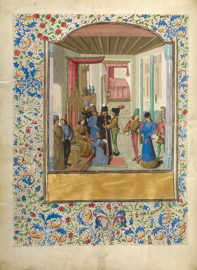 Vasco da Lucena Giving his Work to Charles the Bold; Master of the Jardin de vertueuse consolation and assistant (Flemish, active 3rd quarter of 15th century); about 1470–1475; Tempera colors, gold leaf, gold paint, and ink on parchment; Ms. Ludwig XV 8 (83.MR.178), fol. 2v; Rights Statement: No Copyright - United States Vasco da Lucena Giving his Work to Charles the Bold; Master of the Jardin de vertueuse consolation and assistant (Flemish, active 3rd quarter of 15th century); about 1470–1475; Tempera colors, gold leaf, gold paint, and ink on parchment; Ms. Ludwig XV 8 (83.MR.178), fol. 2v; Rights Statement: No Copyright - United States