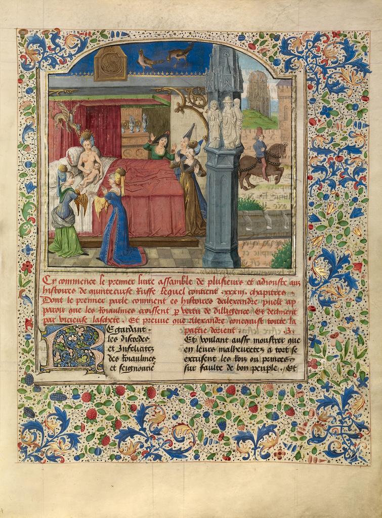 The Birth of Alexander; Master of the Jardin de vertueuse consolation and assistant (Flemish, active 3rd quarter of 15th century); Lille (written), France; about 1470 - 1475; Tempera colors, gold leaf, gold paint, and ink on parchment; Leaf: 43.2 × 33 cm (17 × 13 in.); Ms. Ludwig XV 8, fol. 15 No description of this image is available.