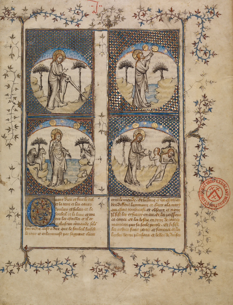 Scenes from the Creation; First Master of the Bible historiale of Jean de Berry (French, active about 1390 - about 1400), Unknown; Paris, France; about 1390 - 1400; Tempera colors, colored washes, gold leaf, and ink on parchment; Leaf: 37.7 x 29.8 cm (14 13/16 x 11 3/4 in.); Ms. Ludwig XIII 3, leaf 1 No description of this image is available.