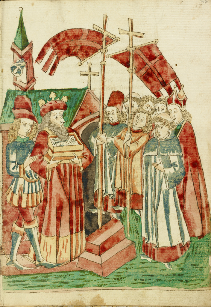 The Translation of Josaphat's Relics to a Church By a King and Procession; Follower of Hans Schilling (German, active 1459 - 1467), from the Workshop of Diebold Lauber (German, active 1427 - 1467); 1469; Ink, colored washes, and tempera colors on paper; Leaf: 28.6 × 20.3 cm (11 1/4 × 8 in.); Ms. Ludwig XV 9 (83.MR.179), fol. 375; Rights Statement: No Copyright - United States The Translation of Josaphat's Relics to a Church By a King and Procession; Follower of Hans Schilling (German, active 1459 - 1467), from the Workshop of Diebold Lauber (German, active 1427 - 1467); 1469; Ink, colored washes, and tempera colors on paper; Leaf: 28.6 × 20.3 cm (11 1/4 × 8 in.); Ms. Ludwig XV 9 (83.MR.179), fol. 375; Rights Statement: No Copyright - United States