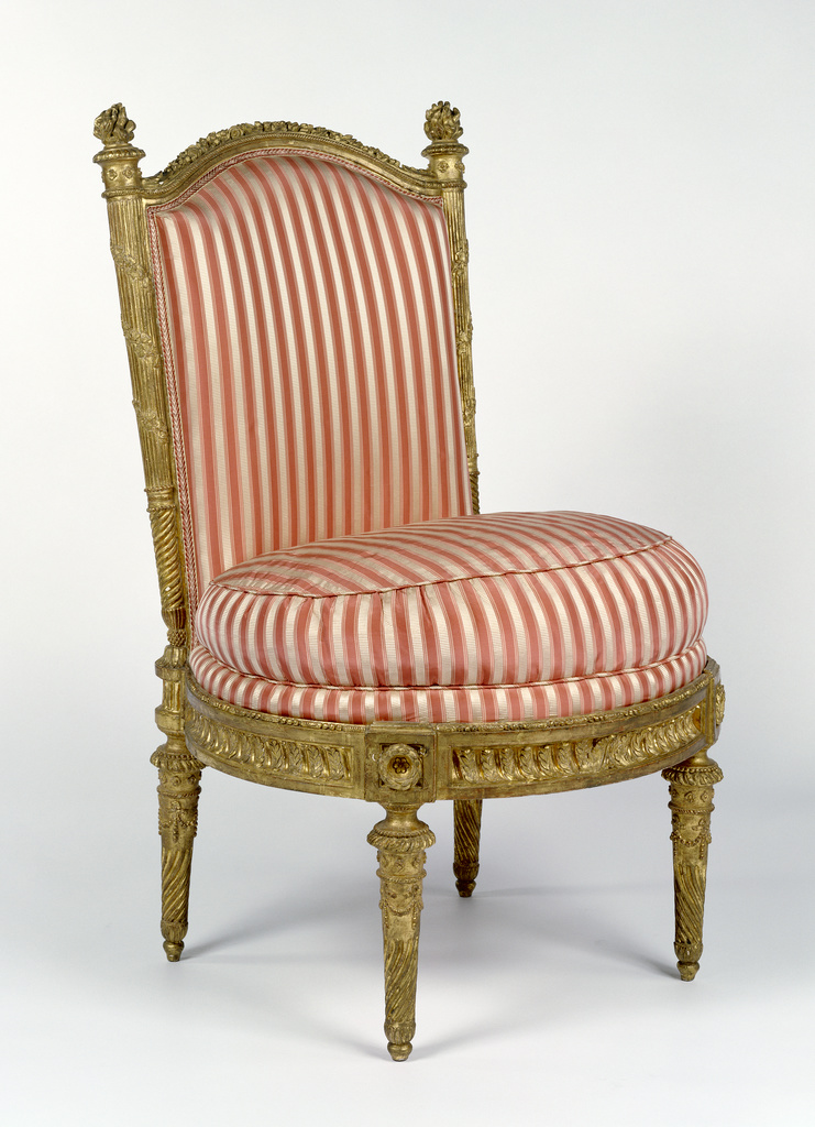 Four Side Chairs (chaises à la reine); Jacques Gondoin (French, 1737 - 1818), François-Toussaint Foliot (French, 1748 - about 1839, master 1773), probably carved by Toussaint Foliot (French, about 1715 - 1798, master 1732); Paris, France; 1780 - 1781; Gessoed and gilded beech; modern silk upholstery; 71.DA.93 No description of this image is available.