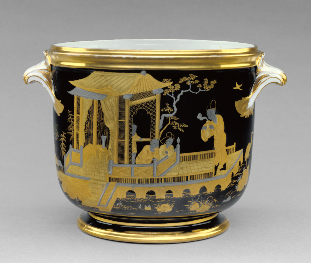 Pair of Wine Bottle Coolers (seaux à demi-bouteilles ordinaires); Model originally designed in 1753 by Jean-Claude Duplessis the Elder (French, about 1695 - 1774), Gilded by Jean-Jacques Dieu (French, active 1777 - 1811), Sèvres Manufactory (French, 1756 - present); Sèvres, France; 1791; Hard-paste porcelain; black enamel ground with platinum and gold decoration; 72.DE.53 No description of this image is available.