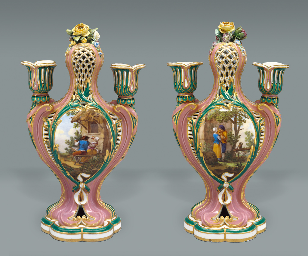 Pair of Vases (pot-pourri à bobèches); Painted by Charles-Nicolas Dodin (French, 1734 - 1803), after engraved designs by David Teniers the Younger (Flemish, 1610 - 1690), Sèvres Manufactory (French, 1756 - present); Sèvres, France; 1759; Soft paste porcelain, pink and green ground colors, colored enamel decoration and gilding; 75.DE.65 No description of this image is available.