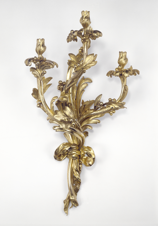 One pair of wall lights; François-Thomas Germain (French, 1726 - 1791), after a design by Pierre Contant d'Ivry (French, 1698 - 1777); Paris, France; 1756; Gilt bronze; 102.9 × 63.5 × 34.3 cm (40 1/2 × 25 × 13 1/2 in.); 81.DF.96.2.1 No description of this image is available.