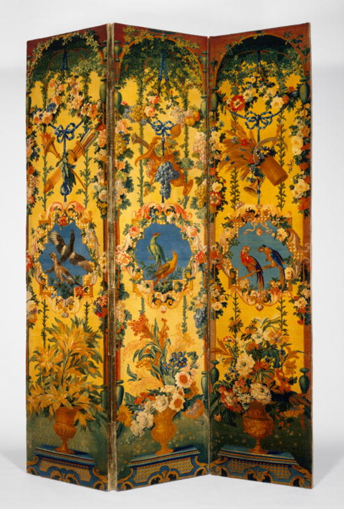 Pair of Three-panel Screens (paravents); Probably after cartoons by Jean-Baptiste Belin de Fontenay (French, 1653 - 1715), and Alexandre-François Desportes (French, 1661 - 1743), Savonnerie Manufactory (French, active 1627 - present); about 1714 - 1740; Wool and linen; cotton twill gimp; wooden interior frame; modern velvet lining; 83.DD.260 No description of this image is available.